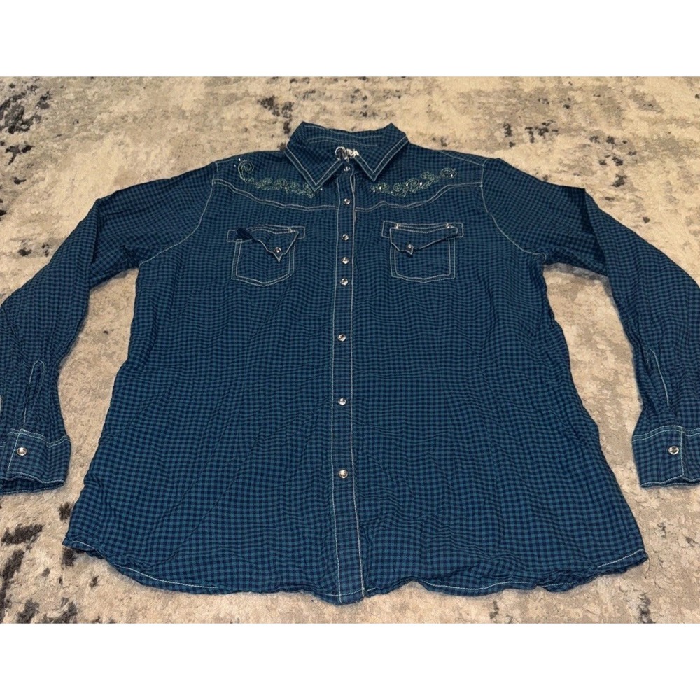 Wrangler Rock 47 Shirt Womens X-Large XL Blue Check Snap Front
